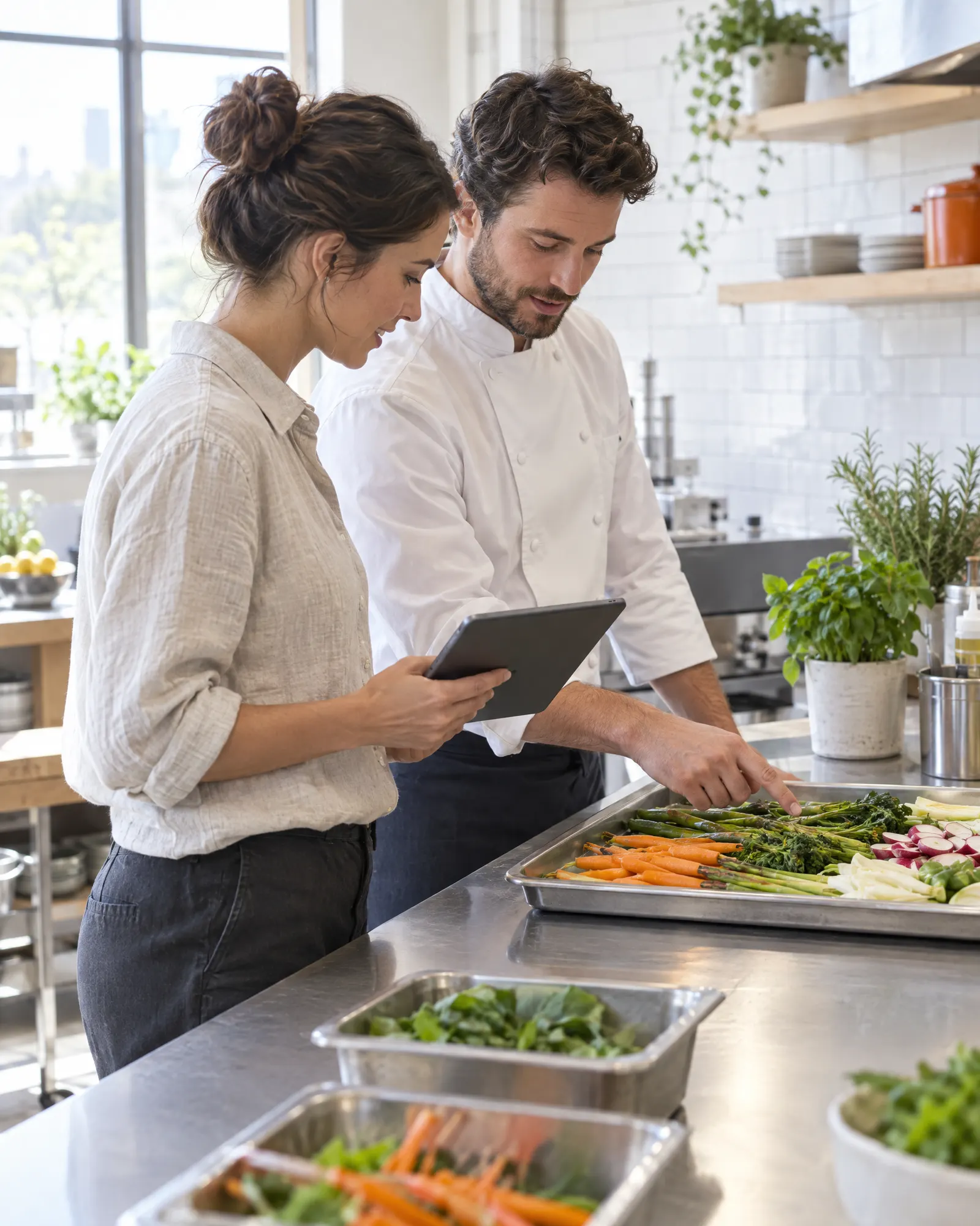 A person in a linen shirt and a chef look at a tablet together beside a tray of prepped vegetables in a bright kitchen