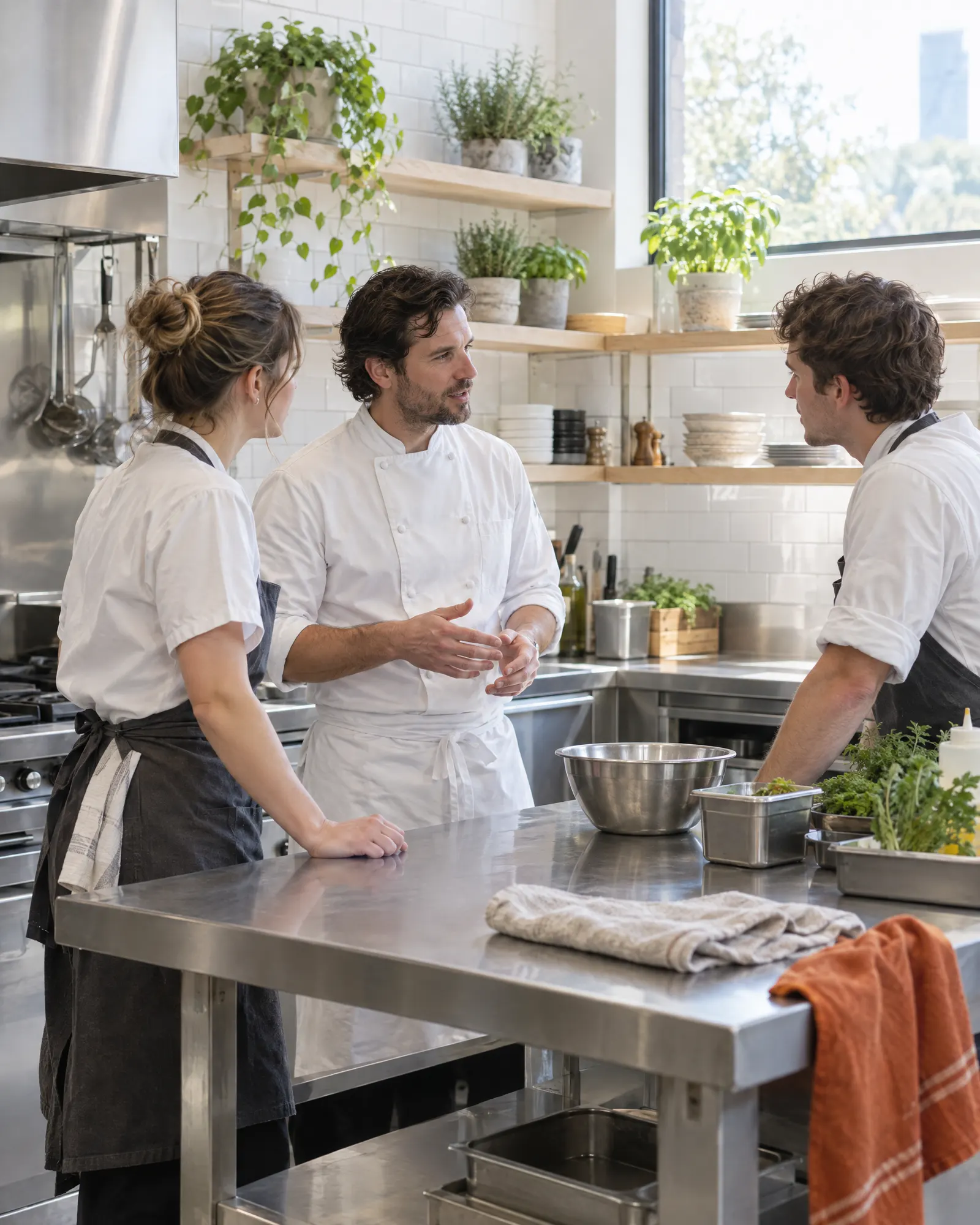 A head chef briefs two cooks around a stainless steel bench at the start of a shift in a bright kitchen