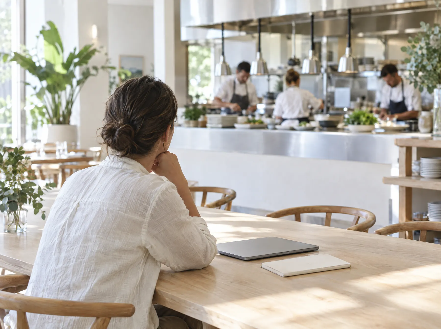 A person in a linen shirt sits at the end of a timber table in an empty dining room, watching chefs prep in the open kitchen