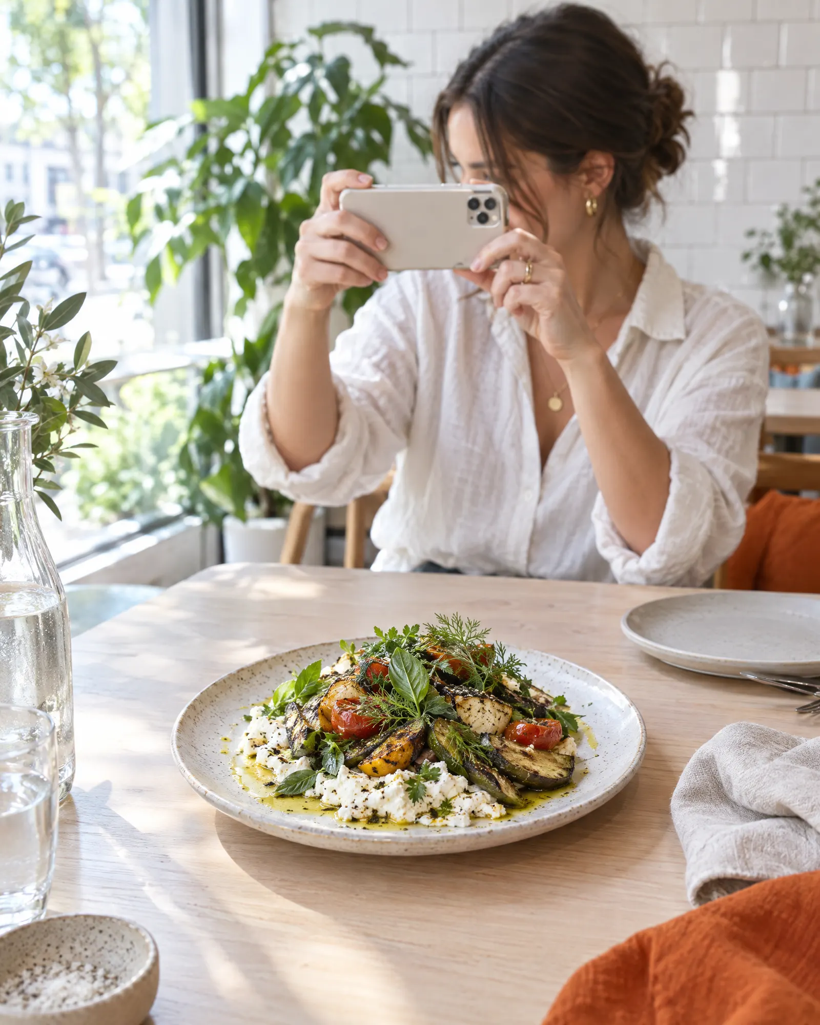 A guest at a sunlit restaurant table holds up a phone towards a share plate of grilled vegetables