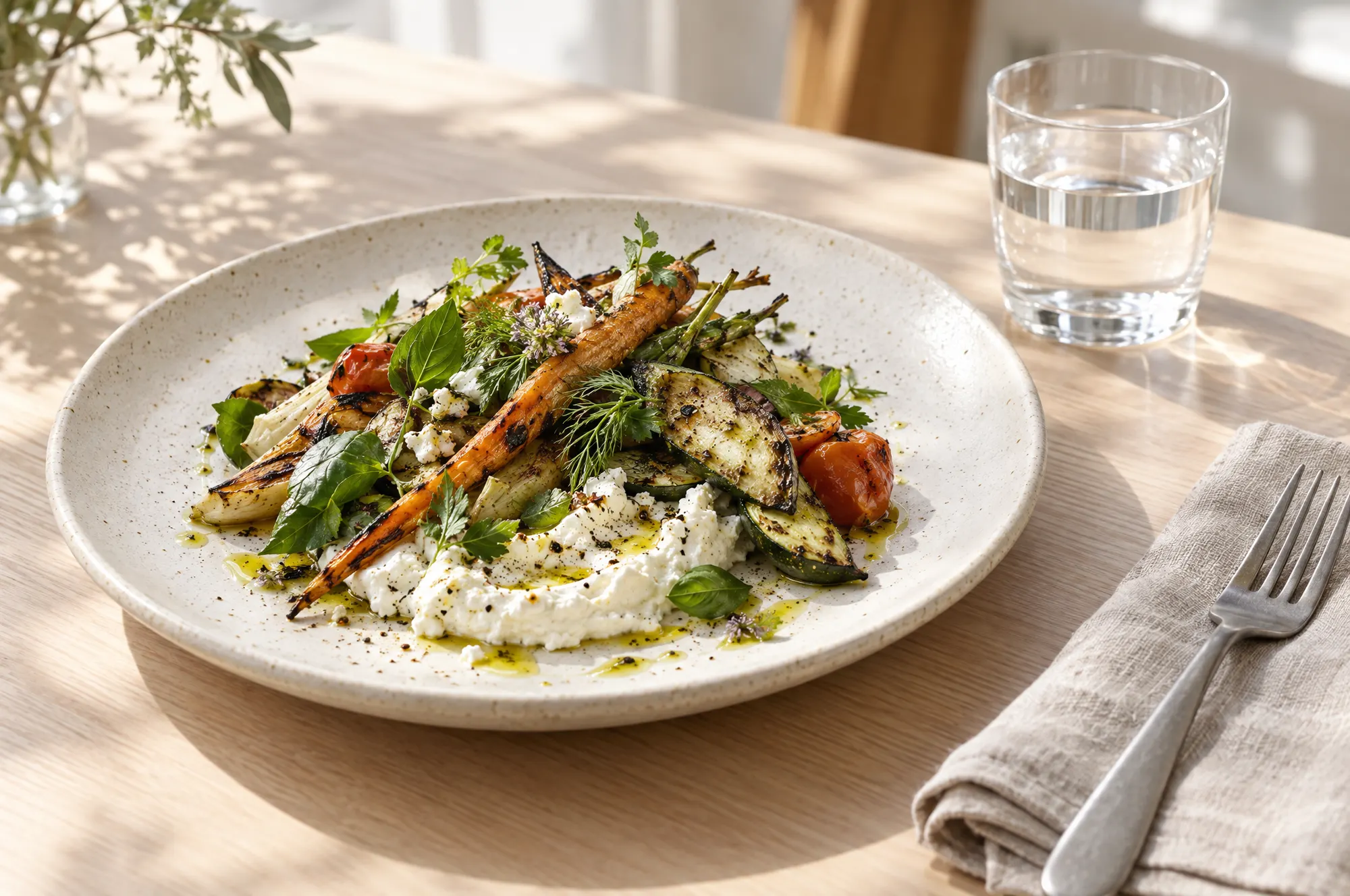 A share plate of charred vegetables and whipped feta on a pale timber table in daylight