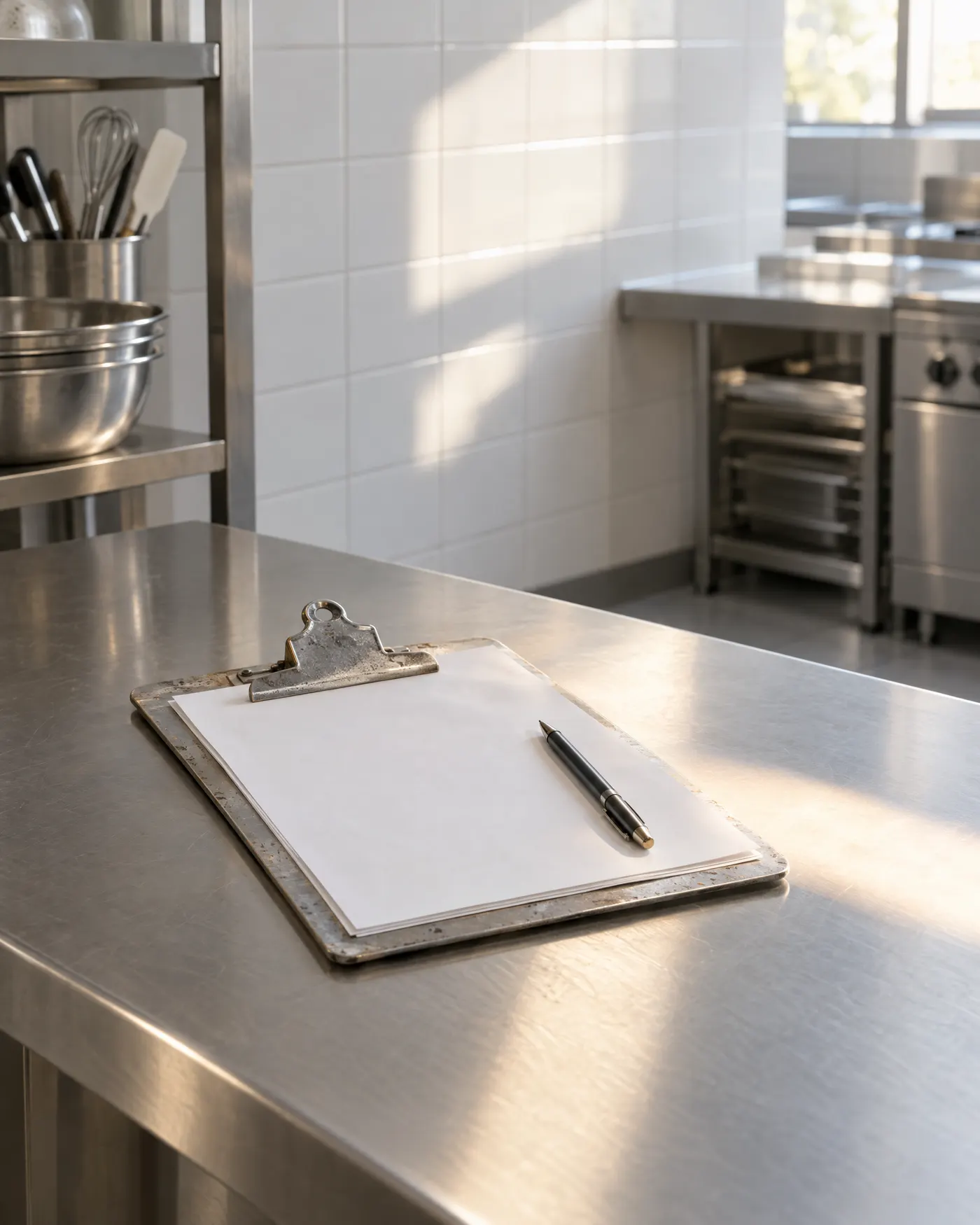 An empty clipboard and a pen on a stainless steel kitchen bench in morning light.