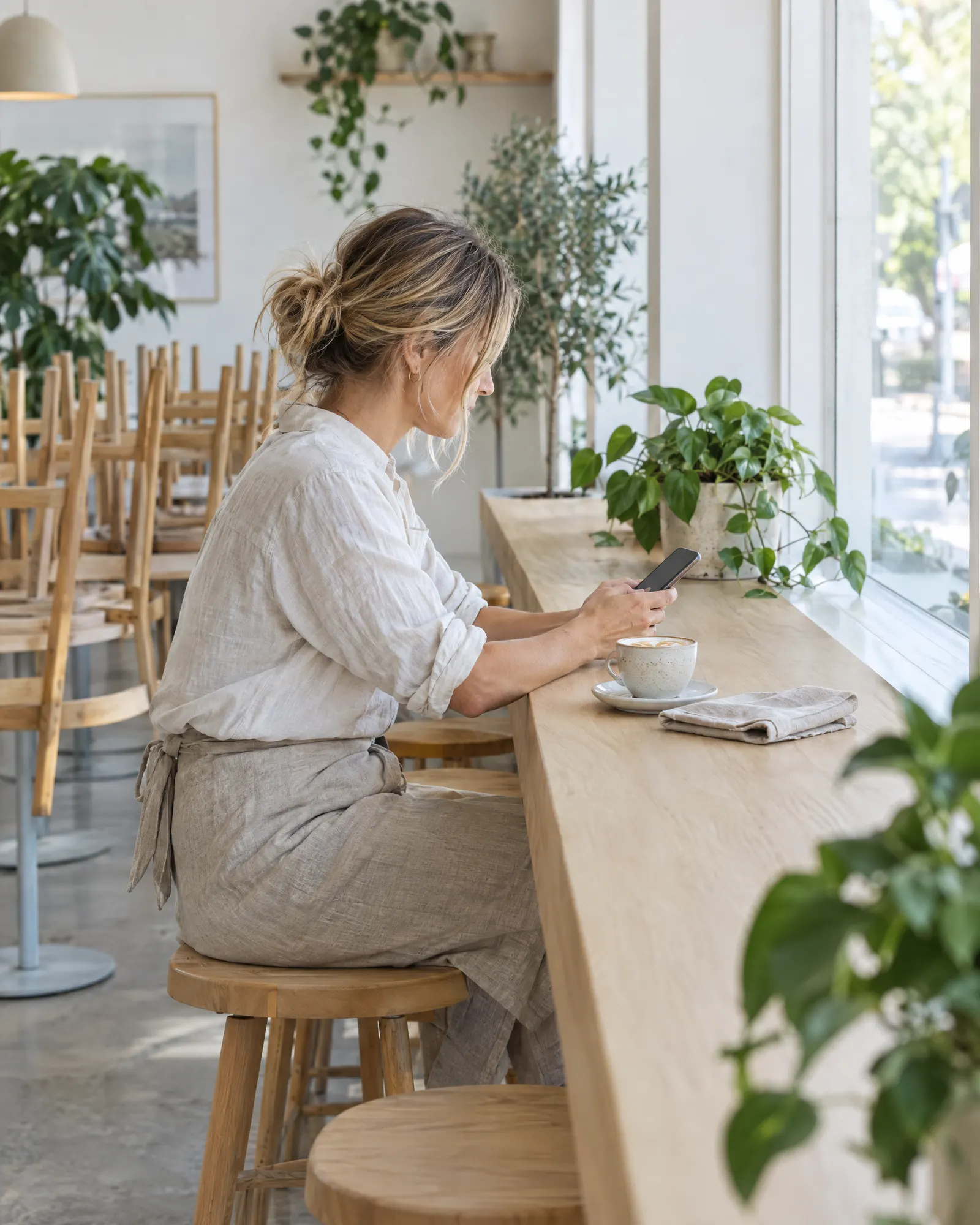 A venue owner reads her phone at a timber counter in a quiet cafe before opening