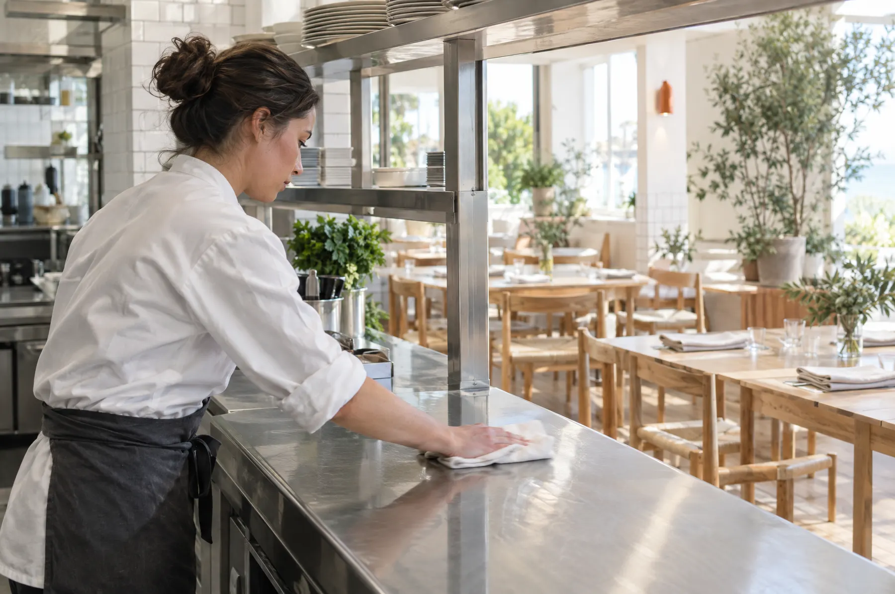 A chef wipes down a stainless steel pass during morning prep, with an empty dining room beyond