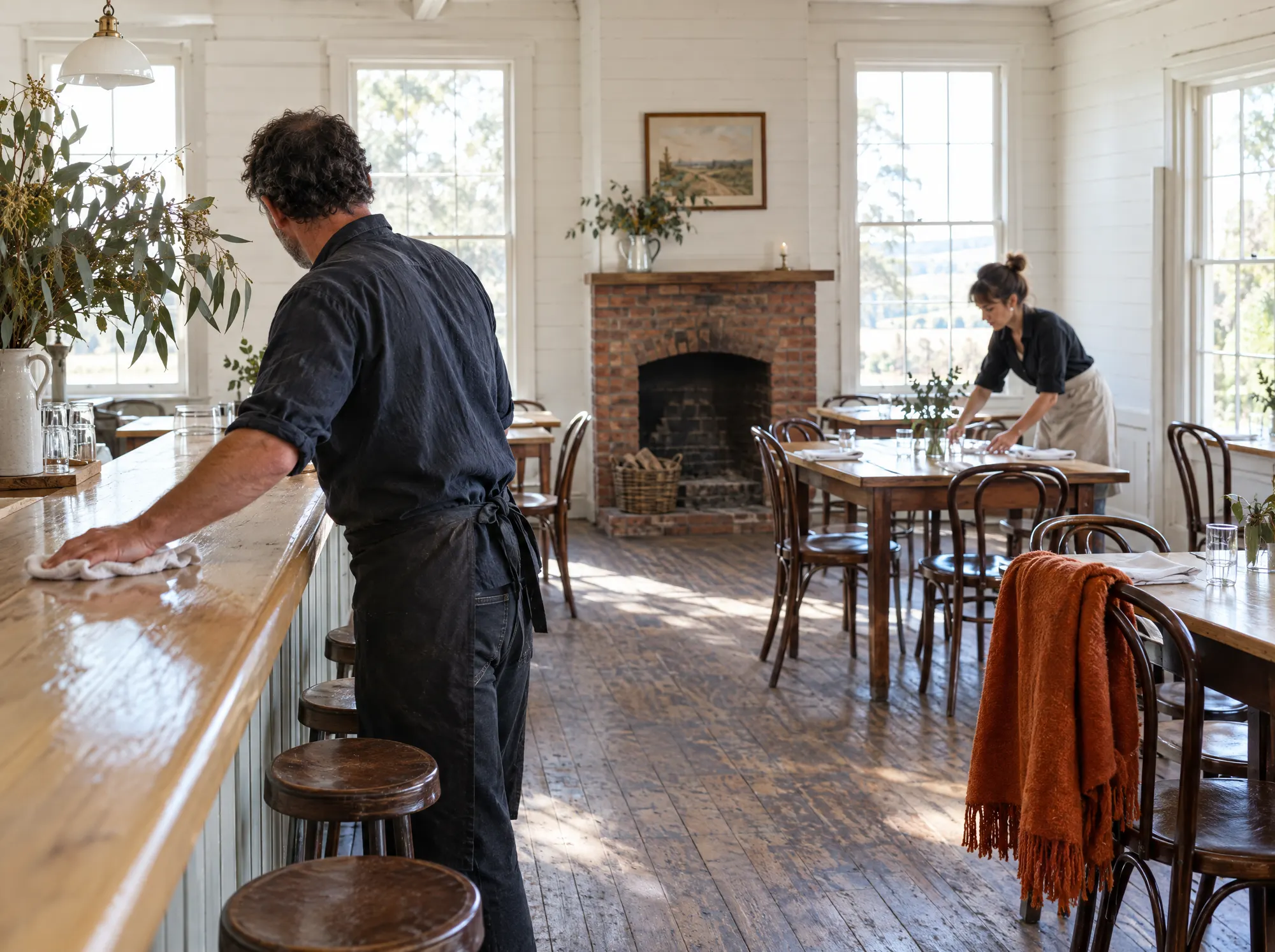 A publican wiping down the timber bar of a country pub before opening
