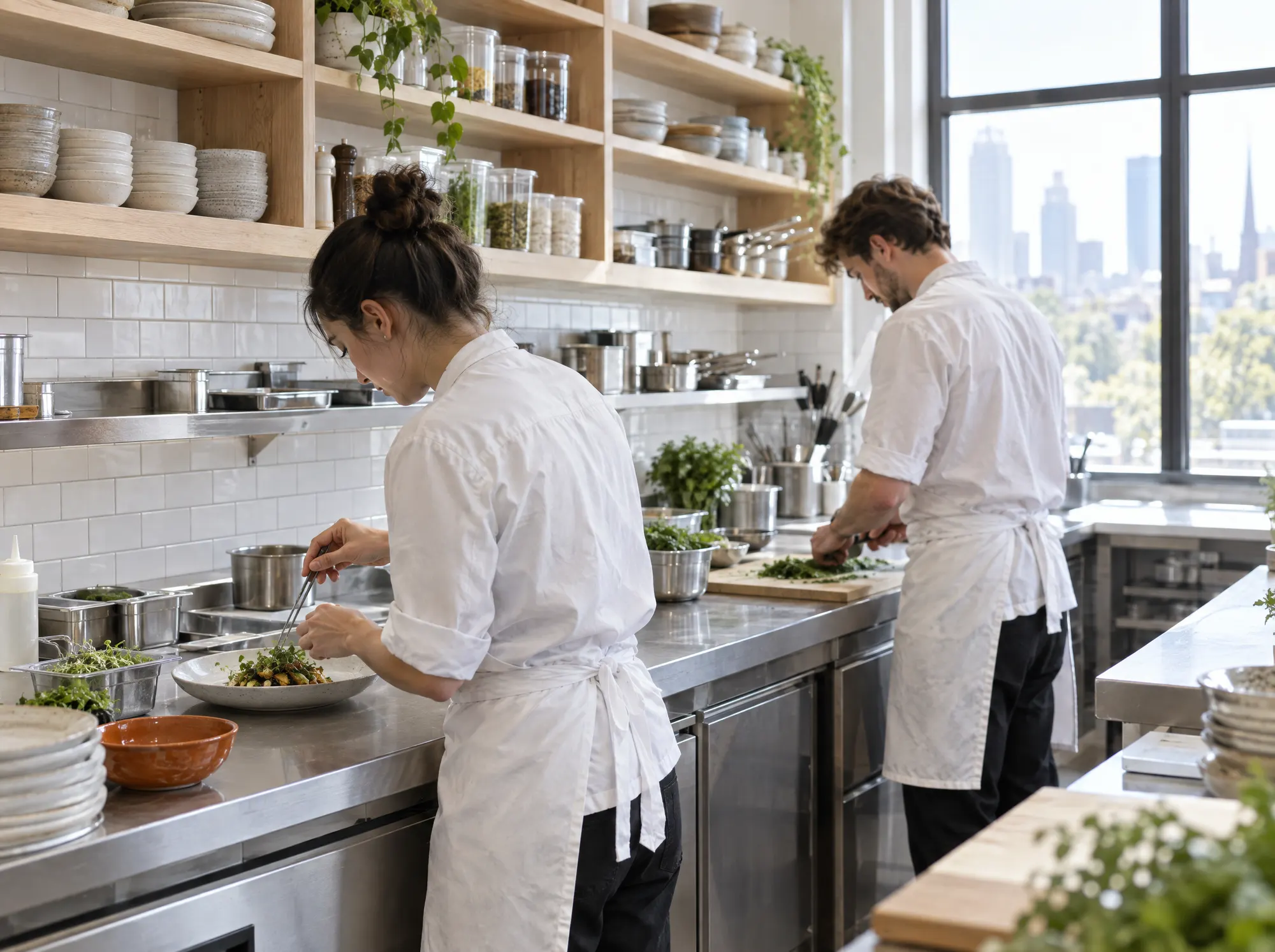 Two cooks plating and prepping along a stainless steel bench in a bright open kitchen
