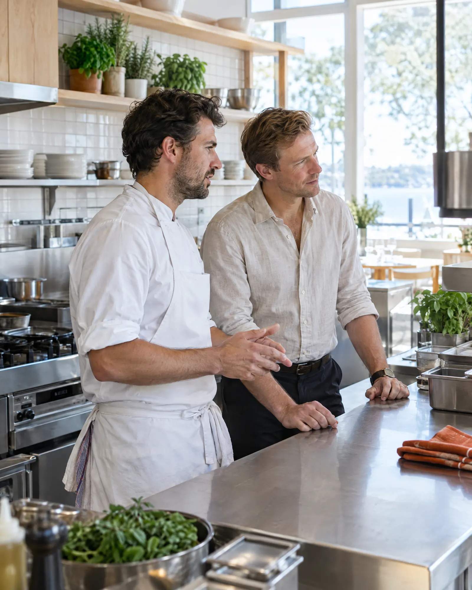 A chef and a venue manager talking at the stainless steel pass before service