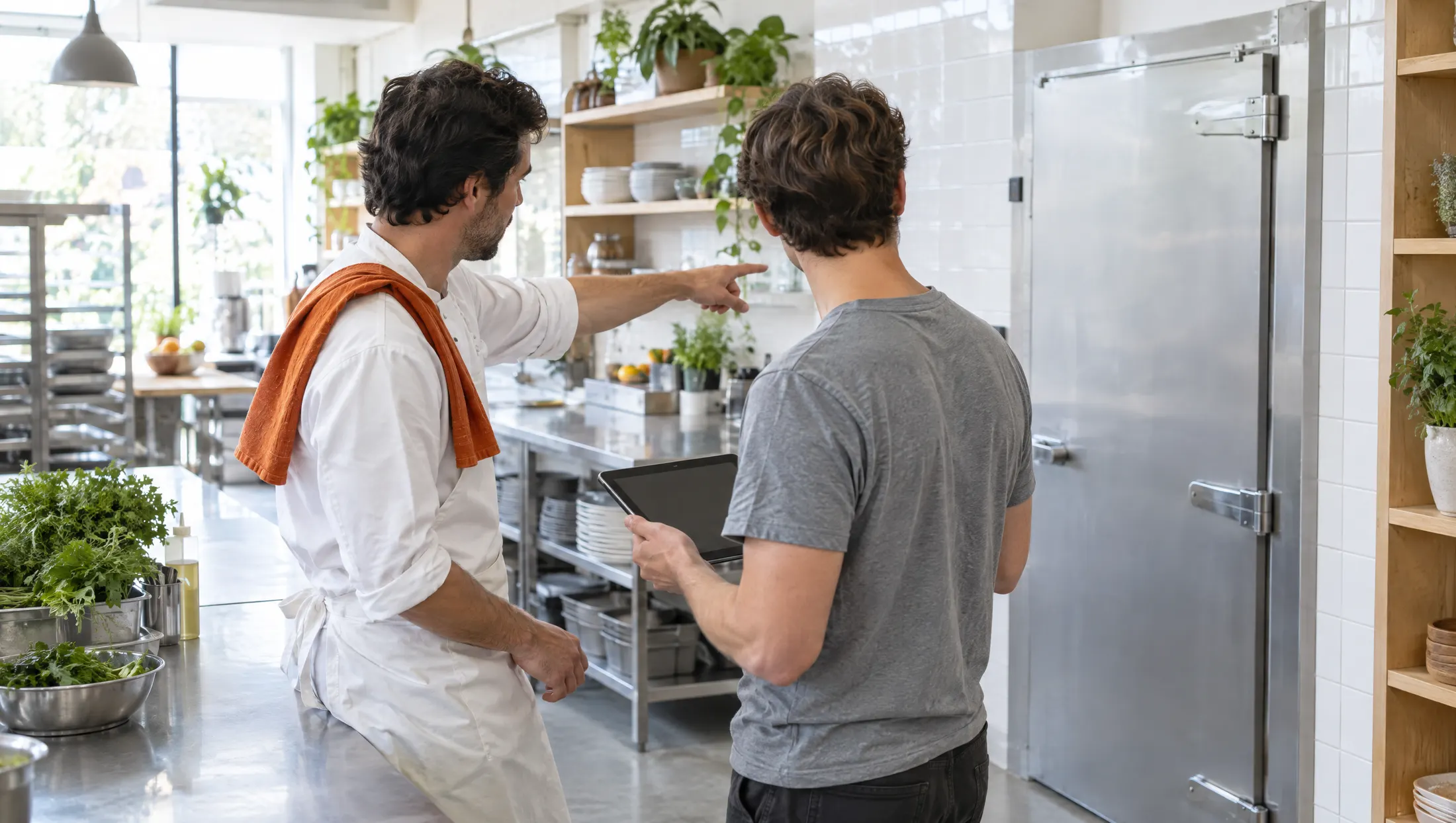 A chef showing an engineer around the kitchen on onboarding day