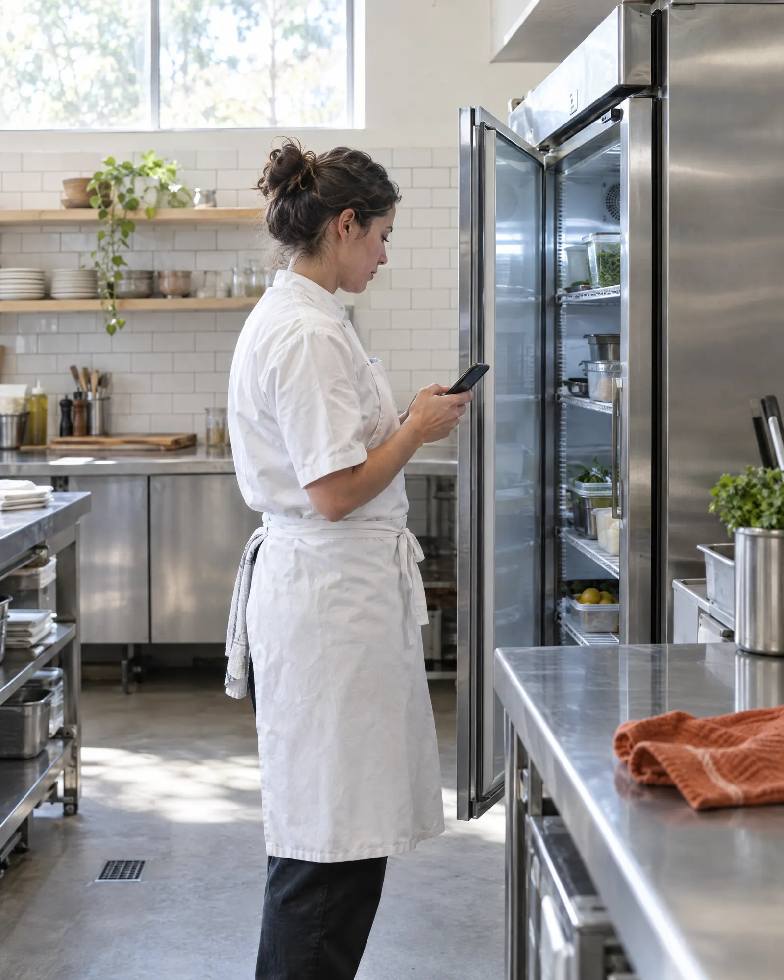 A chef stands at an open fridge in a bright commercial kitchen and logs the reading on her phone.