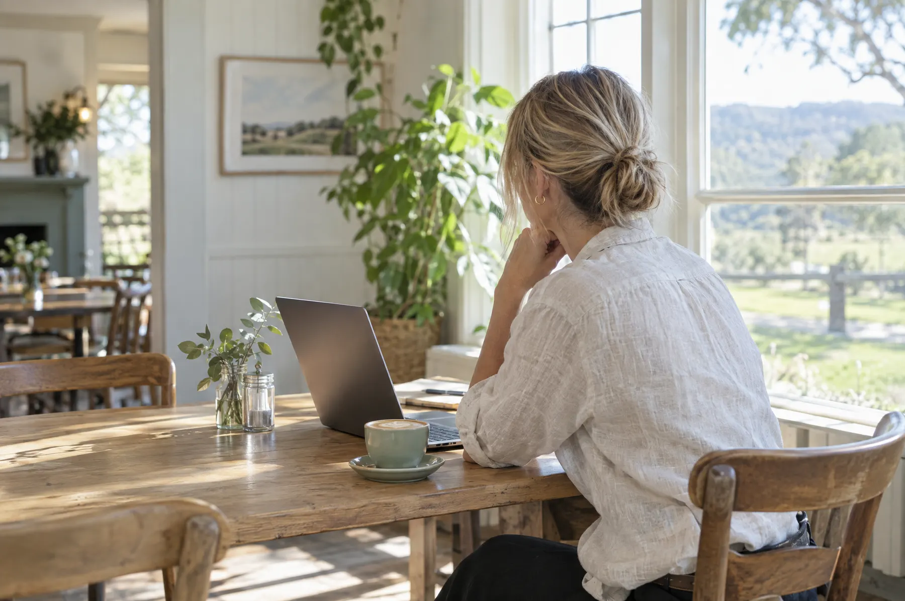 A venue manager reviews the week on a laptop at a sunlit table by a window.