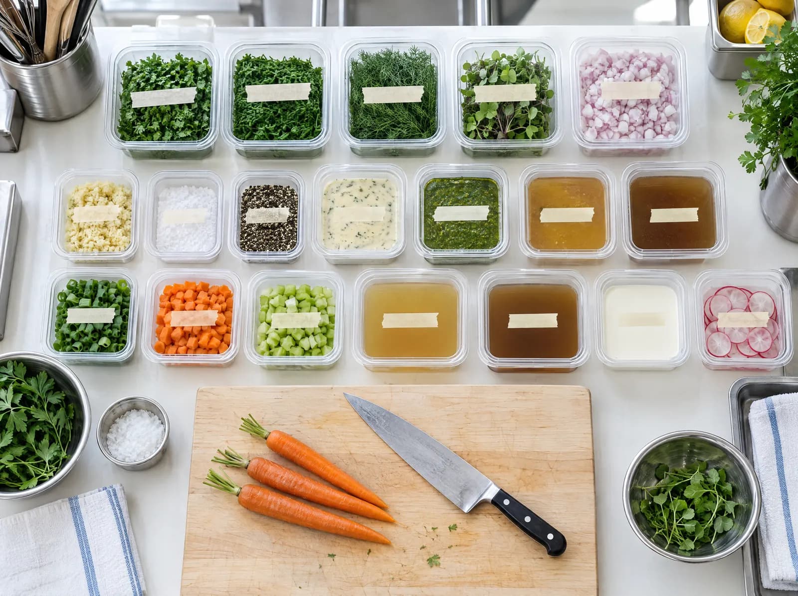 Labelled containers of prepped herbs, sauces and stocks lined up on a kitchen bench.