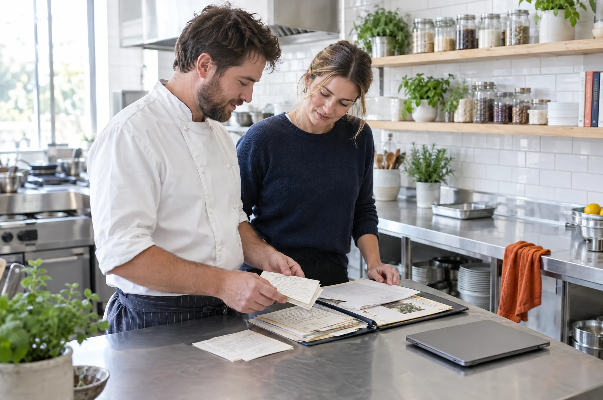 A chef and an onboarding specialist sort through handwritten recipe cards and a supplier folder at a stainless steel kitchen bench.