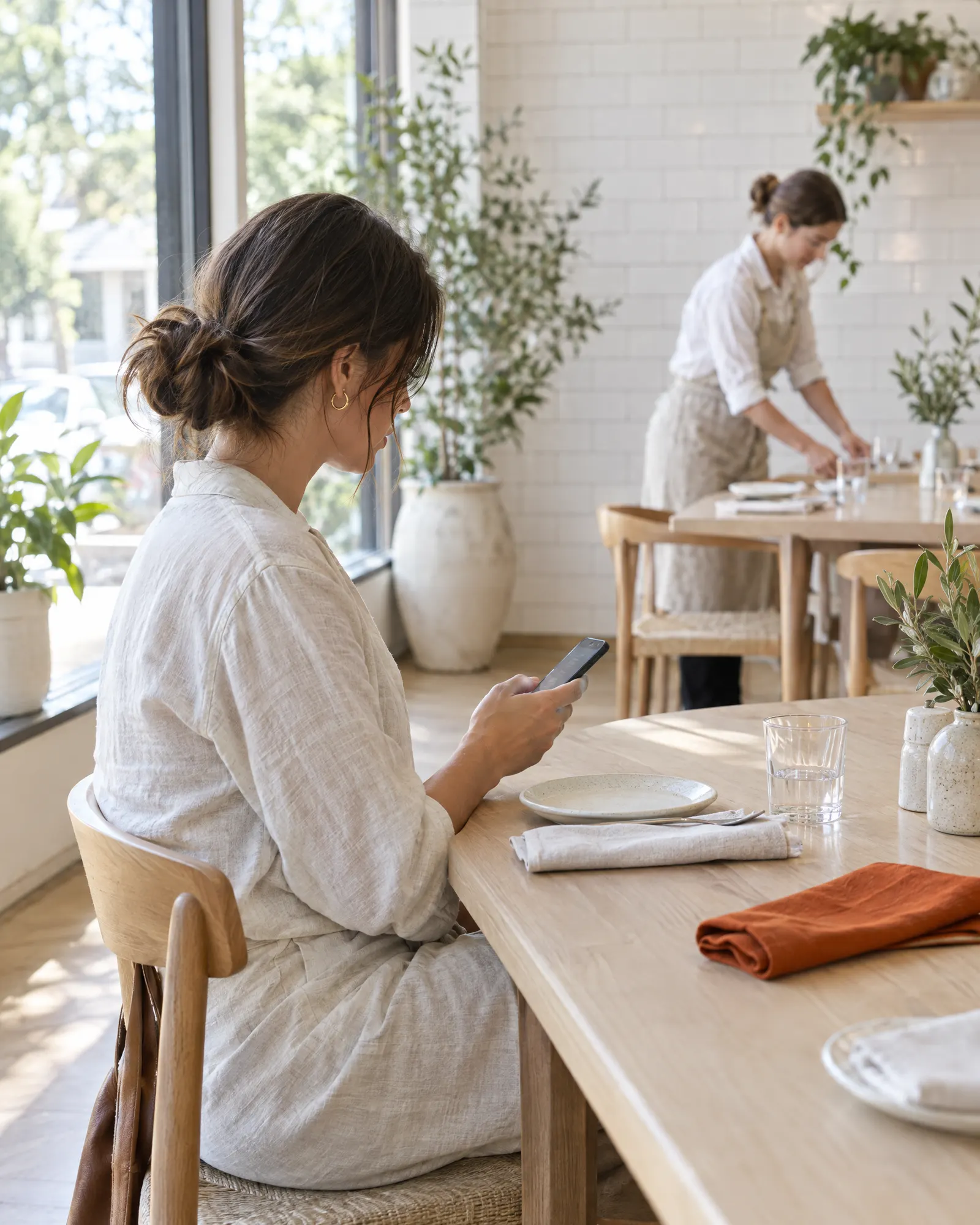 A guest at a sunlit timber table checks her phone while a host sets the next table in a bright, white-tiled restaurant.