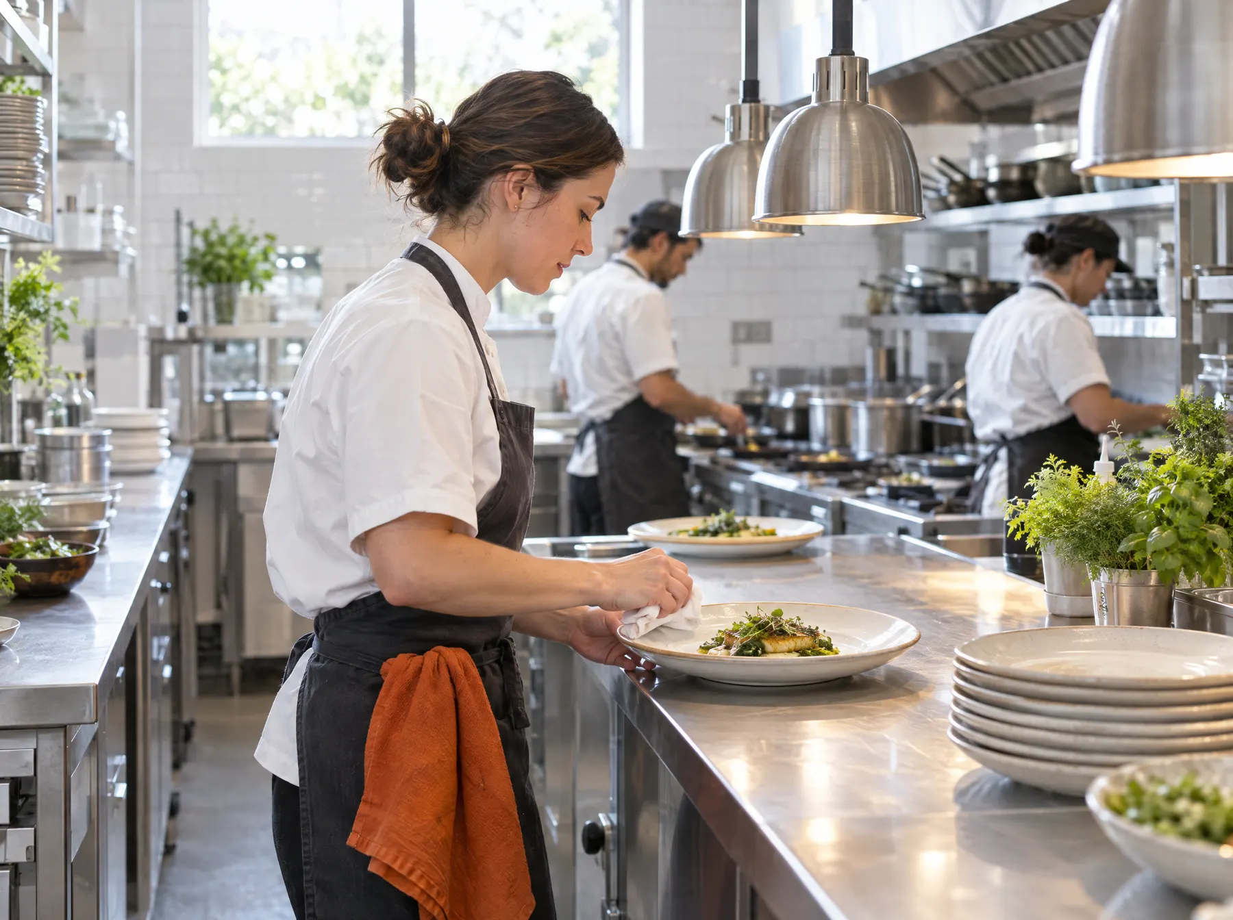 A chef wipes the rim of a plate at the pass while two cooks work the line behind her.