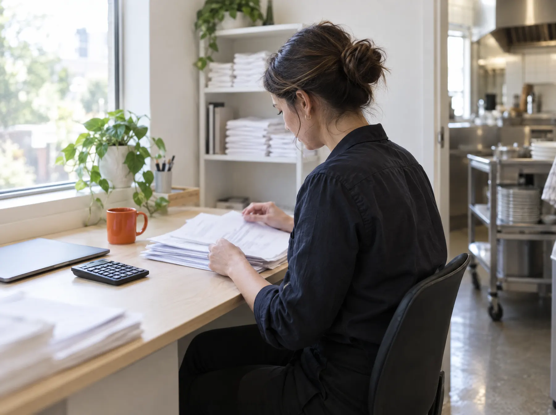A venue manager works through a stack of supplier invoices at a desk in the back office.