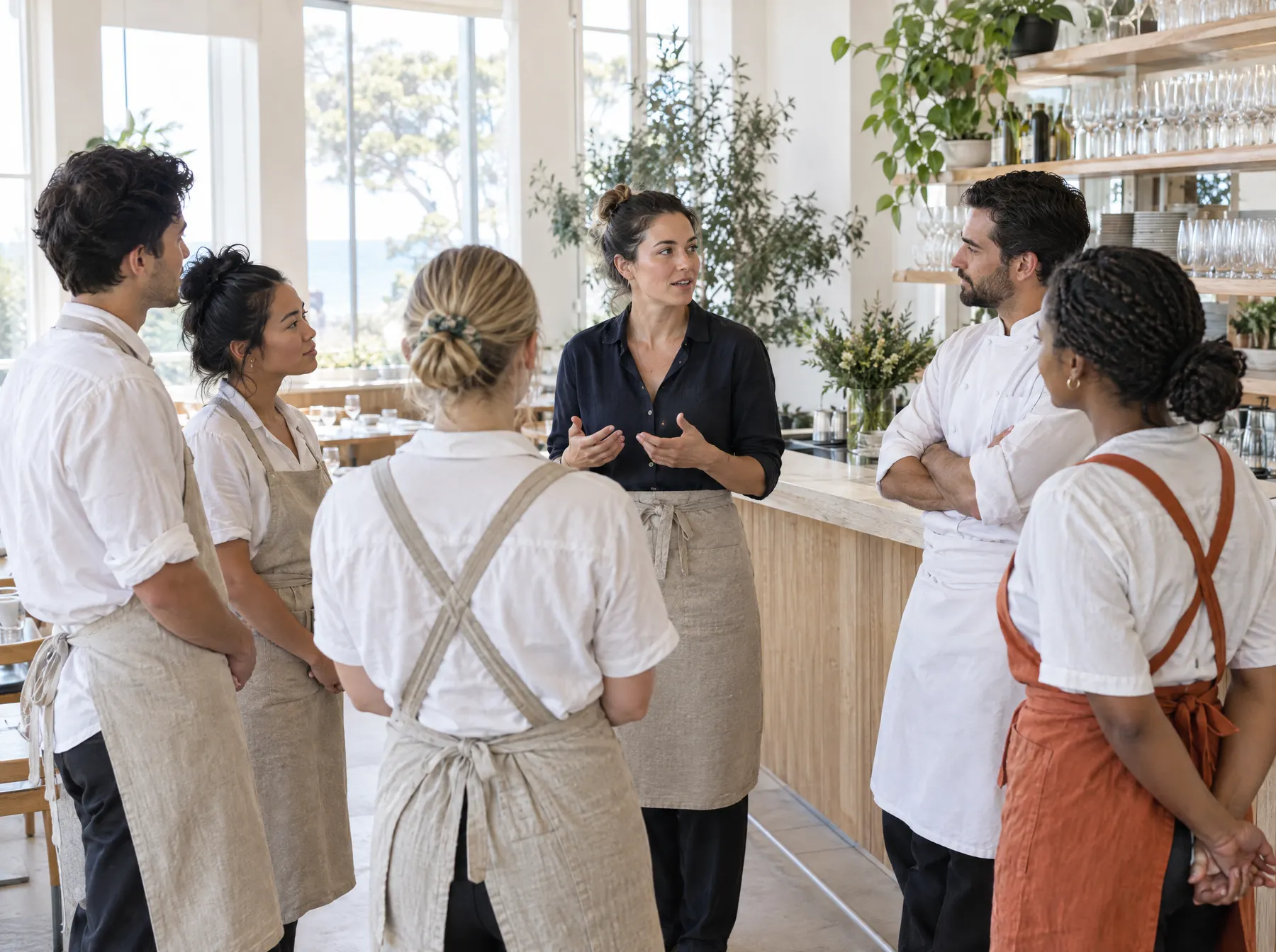 A floor manager briefs the floor and kitchen team at the bar before service.