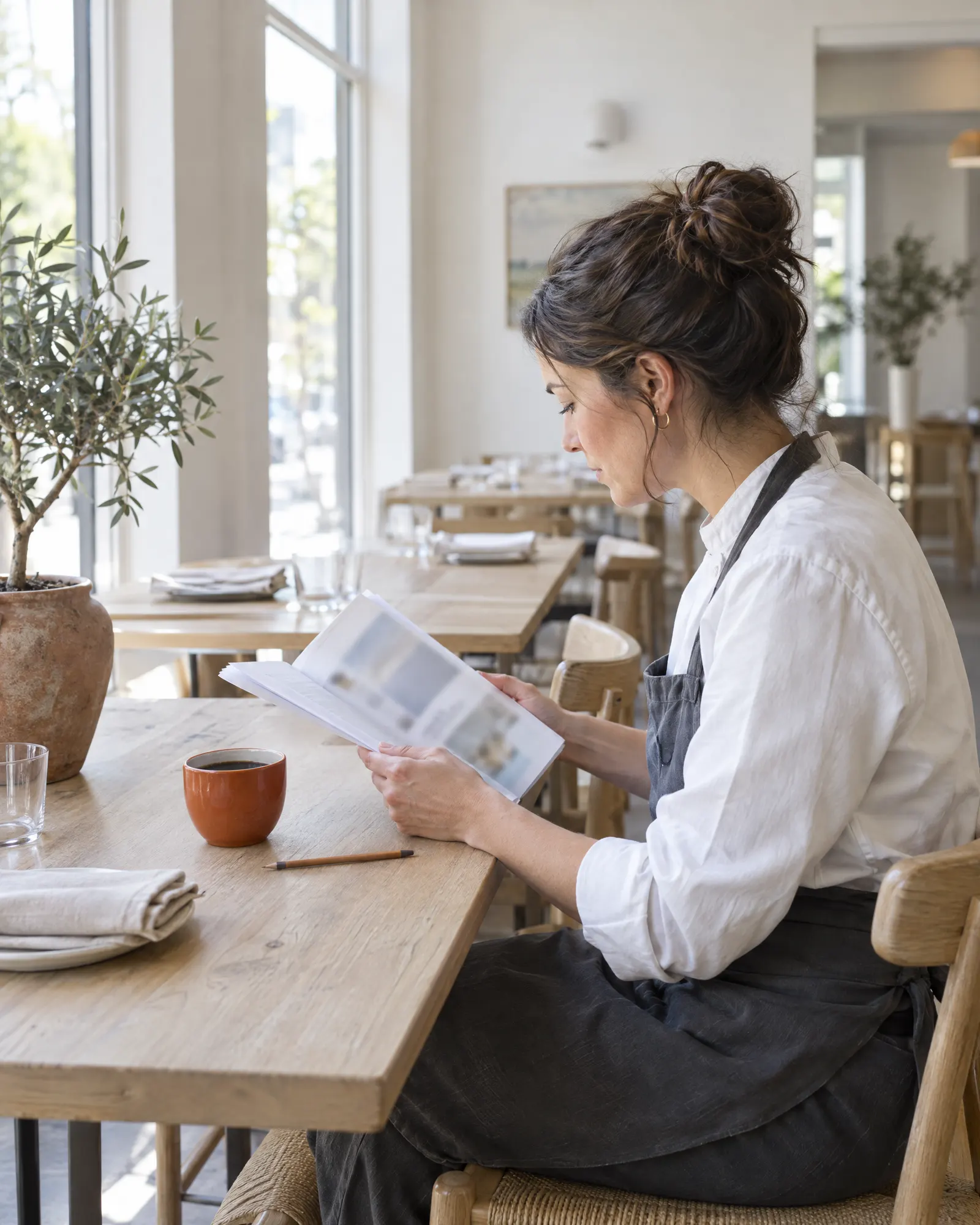 A restaurant manager reading at a timber table in the dining room before opening
