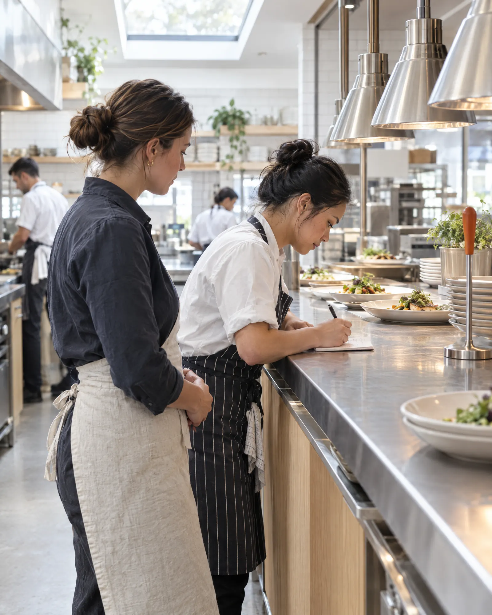 A sous chef writing a note at the pass while a floor manager waits beside her