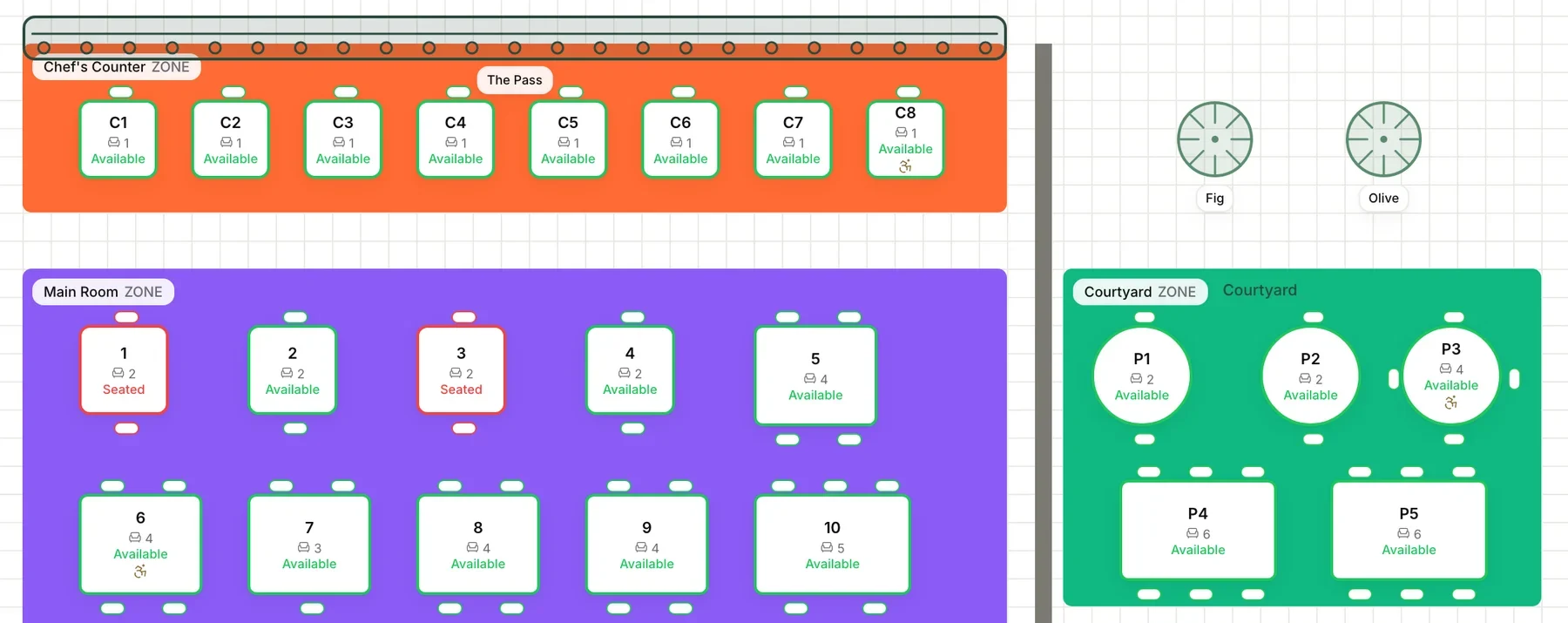 The NexDine floor plan editor: a dining room laid out in zones, each table showing its seats and whether it is available or seated.