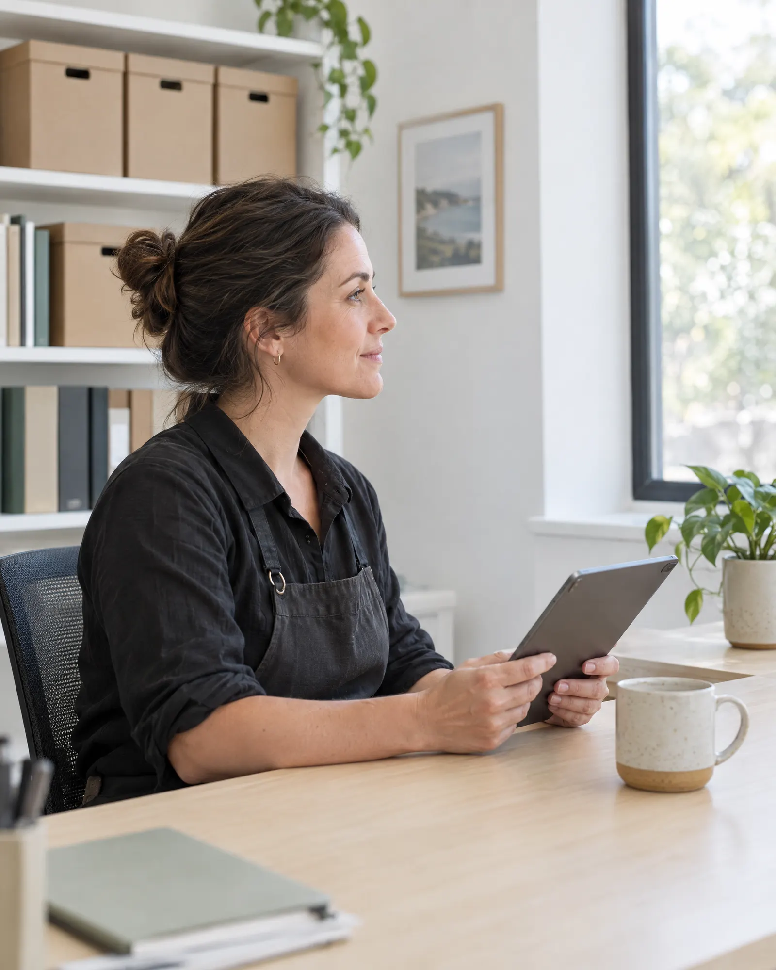 A restaurant manager holds a tablet at a timber desk in a calm, tidy back office