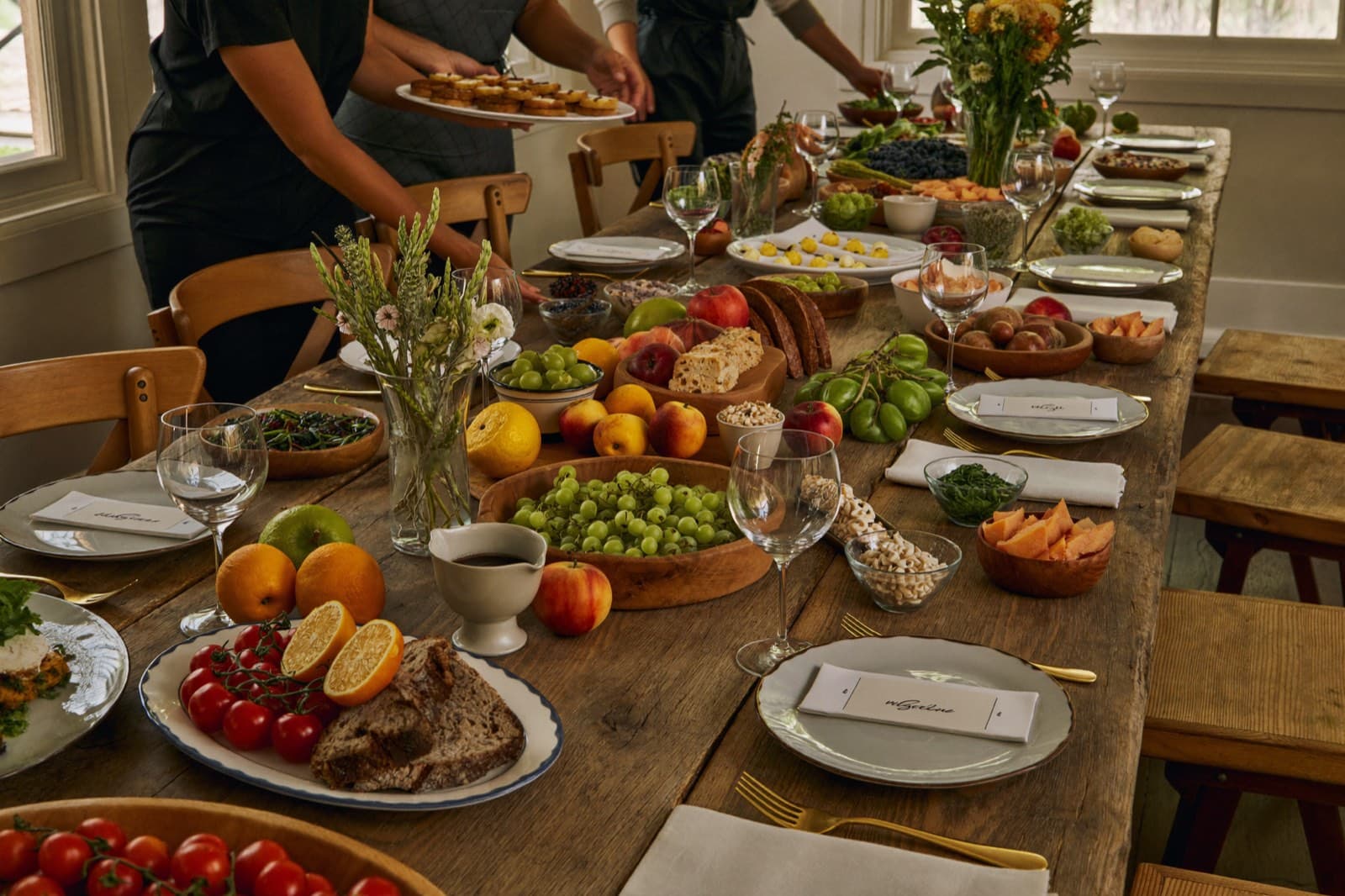 Rustic grazing table with organic platters and breads
