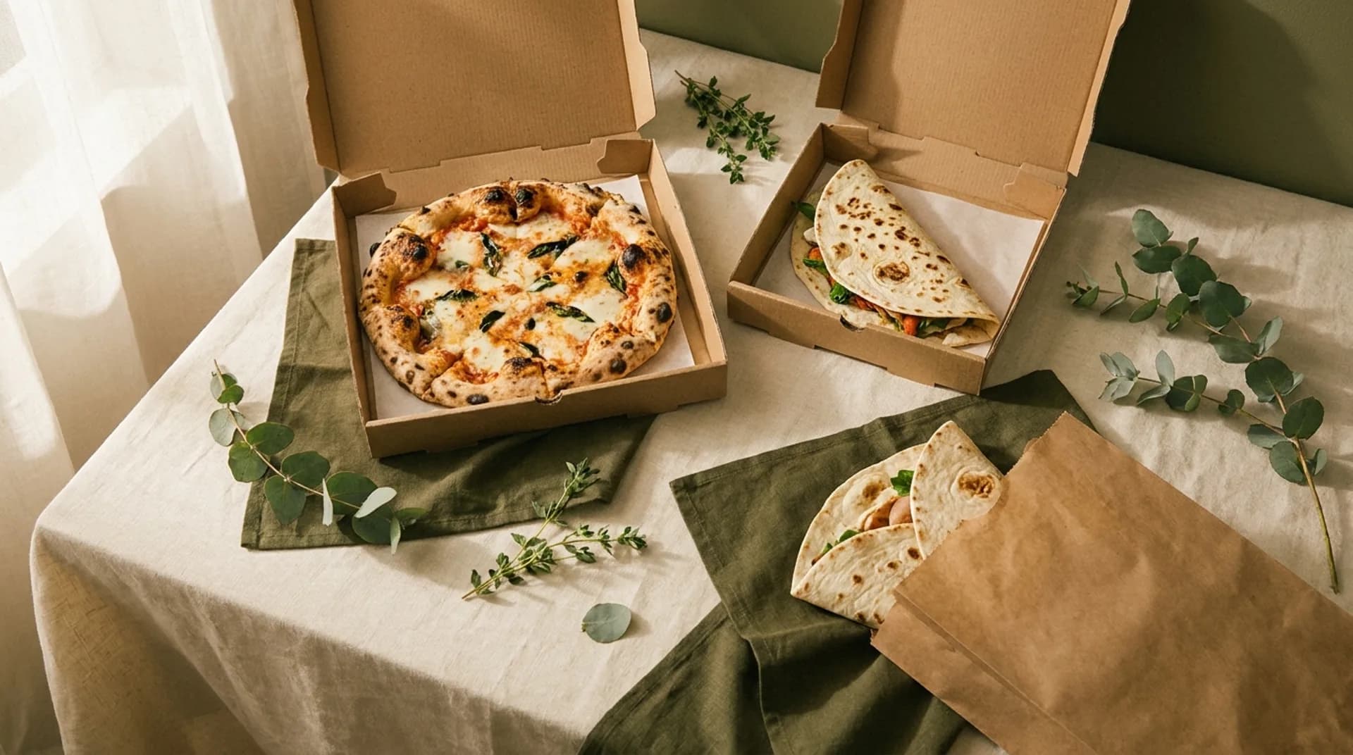Wood-fired pizza and flatbread wraps boxed for takeaway on a linen table