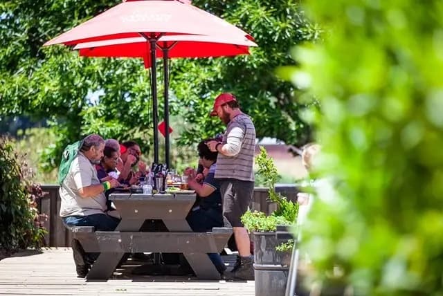 Guests sharing a table under umbrellas in the beer garden
