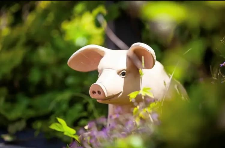 A ceramic pig tucked among the garden planting